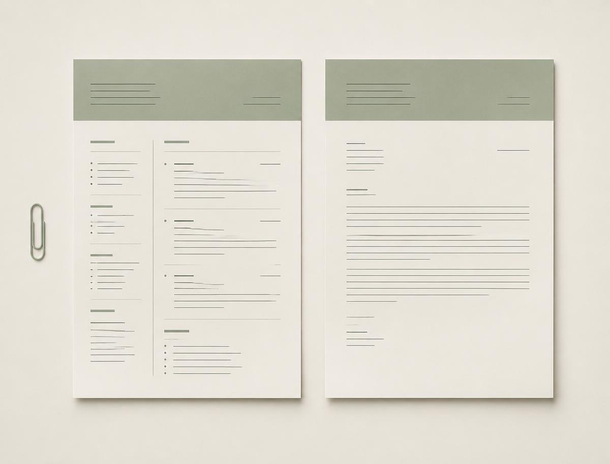 Coordinated CV and cover letter templates laid out on paper